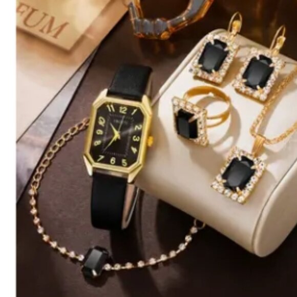 NWT 6pc Black Women Retro PU Leather Band Quartz Watches+Crystal Jewelry Set - Picture 1 of 12